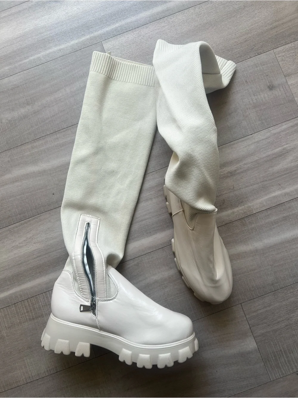 Women's Cream Knee-High Chunky Sole Boots